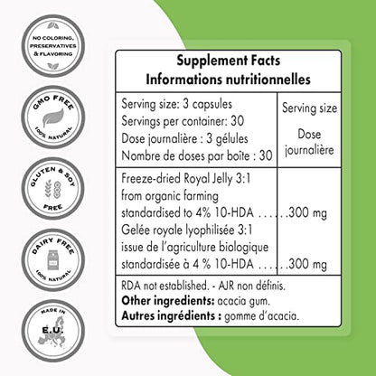 Supersmart - Organic Royal Jelly 300mg per Day (High Strength 4% 10-HDA) - Freeze