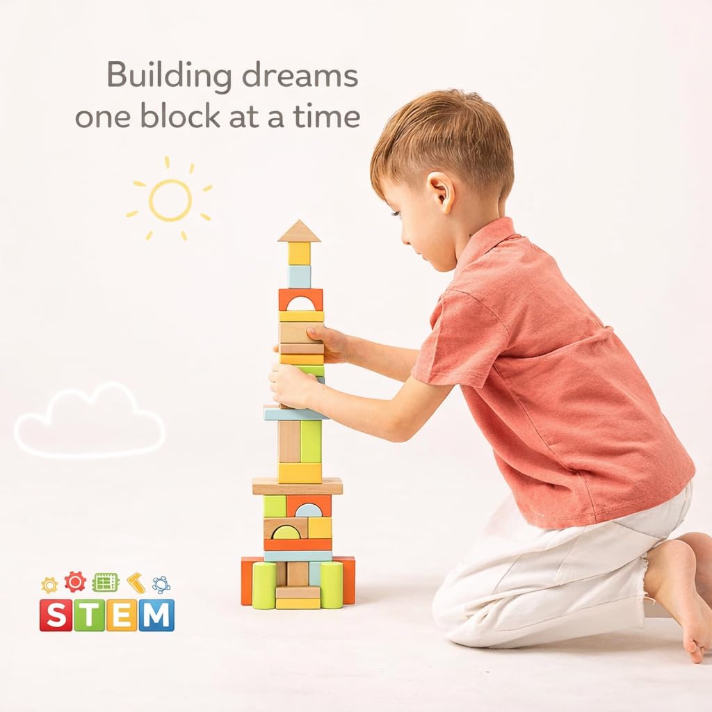 Pidoko Kids 100pcs Building Blocks for Toddlers 1-3, Wooden Blocks for Kids with Storage Bucket and Shape Sorter Lid Montessori Toys for 1 2 3 Year Old, Learning Toys for Preschool Girls and Boys