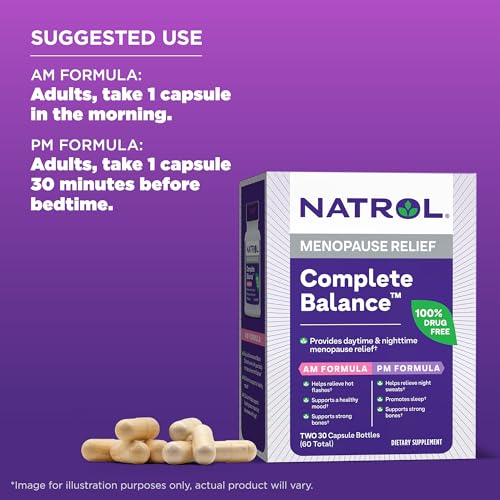 Natrol Complete Balance A.M./P.M. Capsules for Menopause Relief, Helps Relieve Hot Flashes and Night Sweats