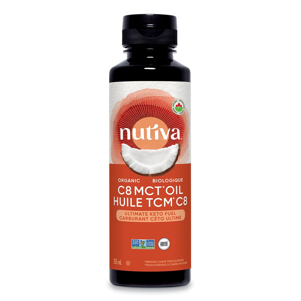 Nutiva Organic Liquid MCT Oil C8- Unflavored - Perfect for Coffee, Shakes, Salads, and More - Great for Vegan, Whole, Paleo, and Keto Diet - Extracted From Coconut - 12floz