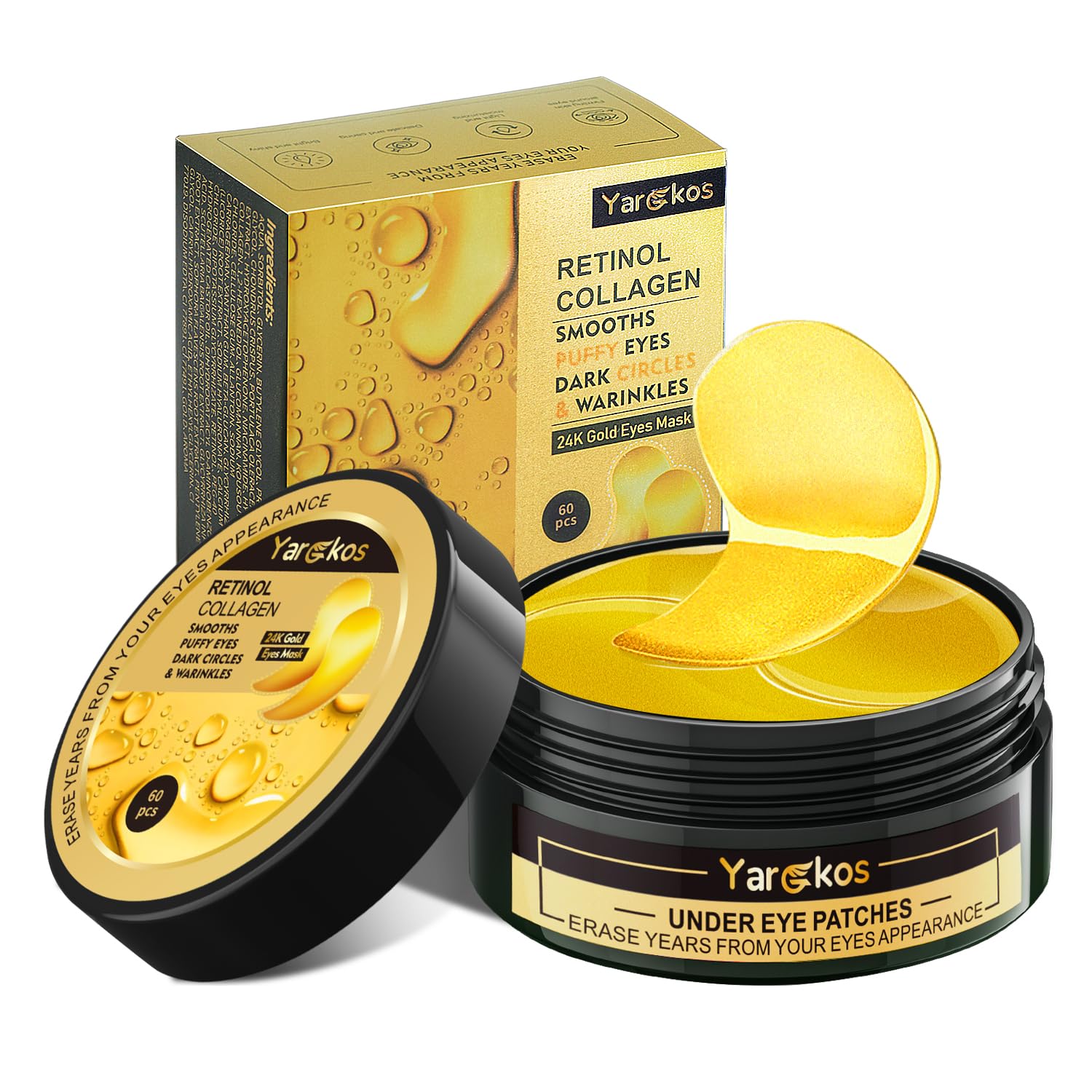 Premium 24K Gold under-eye patches in a jar, designed to lift, firm, and brighten the delicate eye area with collagen and gold essence.