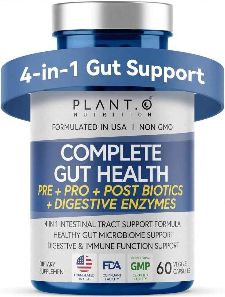 4-in-1 Gut Health Support - Prebiotics + Probiotics + Postbiotics + Digestive Enzymes for Women and Men - DE111 Spore Probiotic for Digestive Support & Bloating - Non-GMO - 60 Veggie Capsules