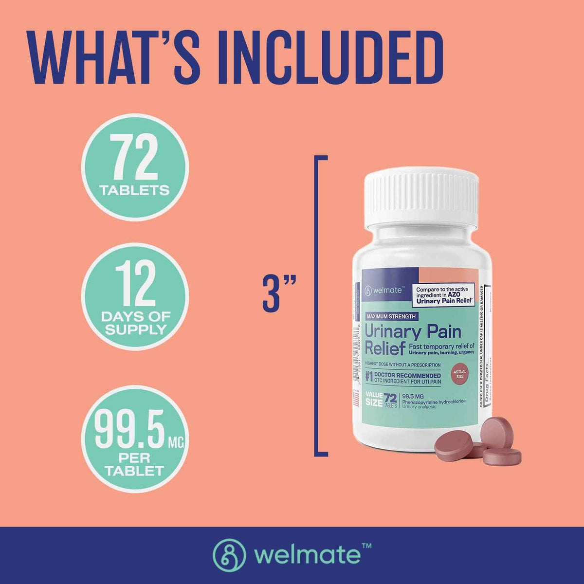 WELMATE Urinary Pain UTI Relief Maximum Strength (Phenazopyridine HCL) - Improve Urinary Tract Health & Bladder Control, Urgency, & Discomfort - Over-The-Counter Medication for Men & Women (72 Pills)