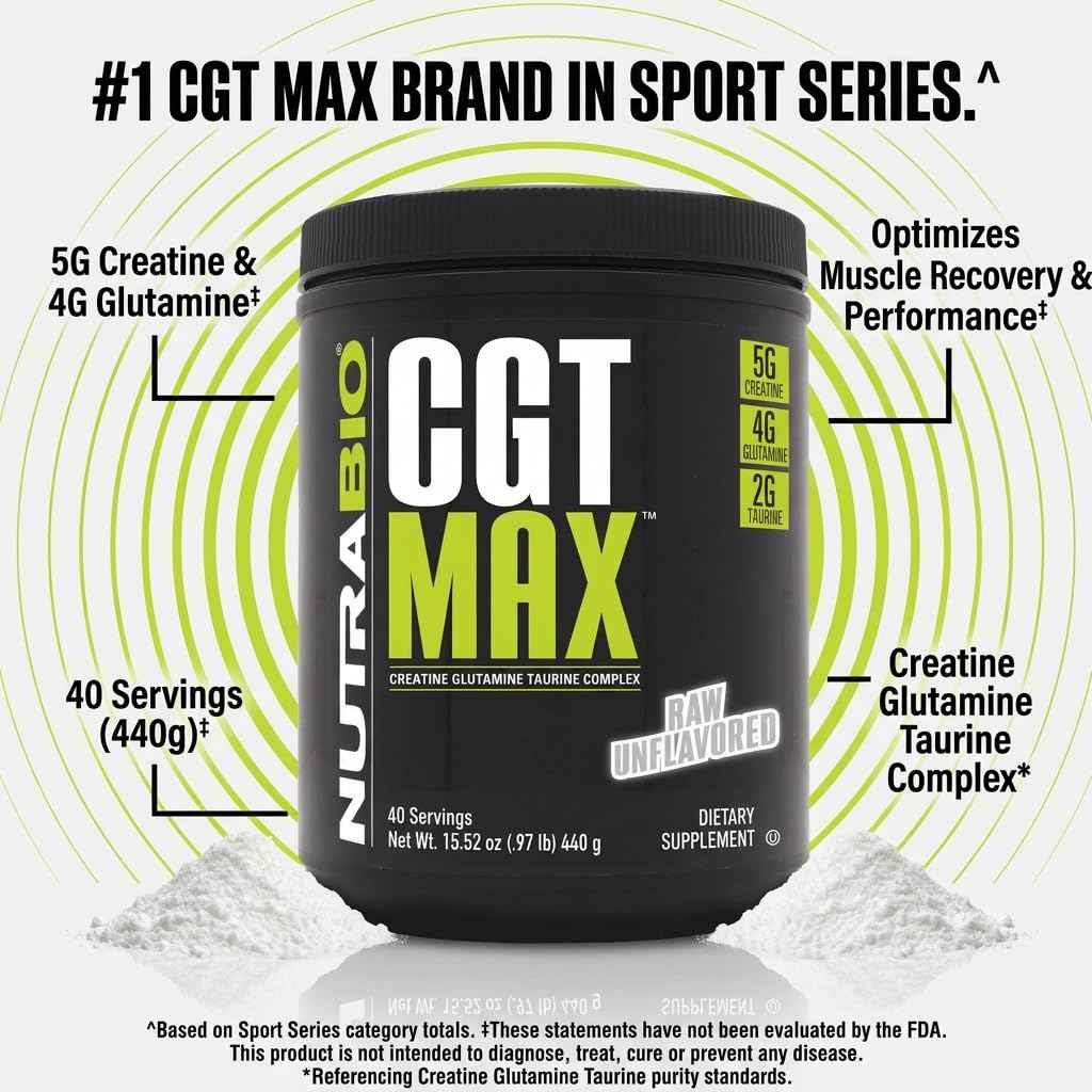 NutraBio CGT-MAX Powder- Creatine, Glutamine and Taurine to Support Muscle Recovery and Strength - 40 Servings - Unflavored