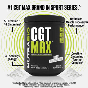 NutraBio CGT-MAX Powder- Creatine, Glutamine and Taurine to Support Muscle Recovery and Strength - 40 Servings - Unflavored