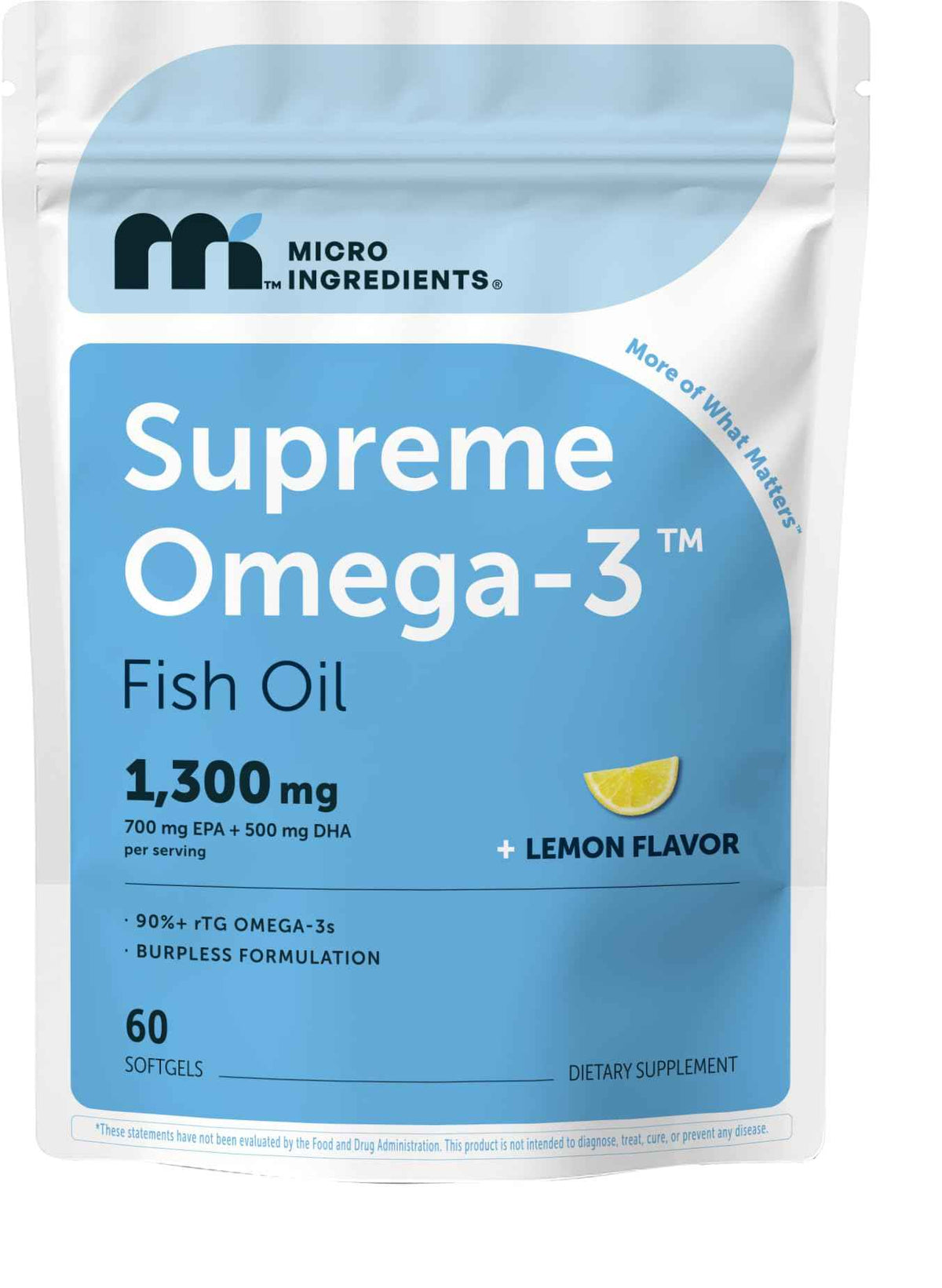 Micro Ingredients Supreme Omega-3 Fish Oil w/Ultra High EPA & DHA, Burpless Softgels - rTG Omega-3 with Vitamin D3 - Wild-Caught Cold Deep-Sea Fish - Lemon Flavor, Easy to Swallow, 60ct