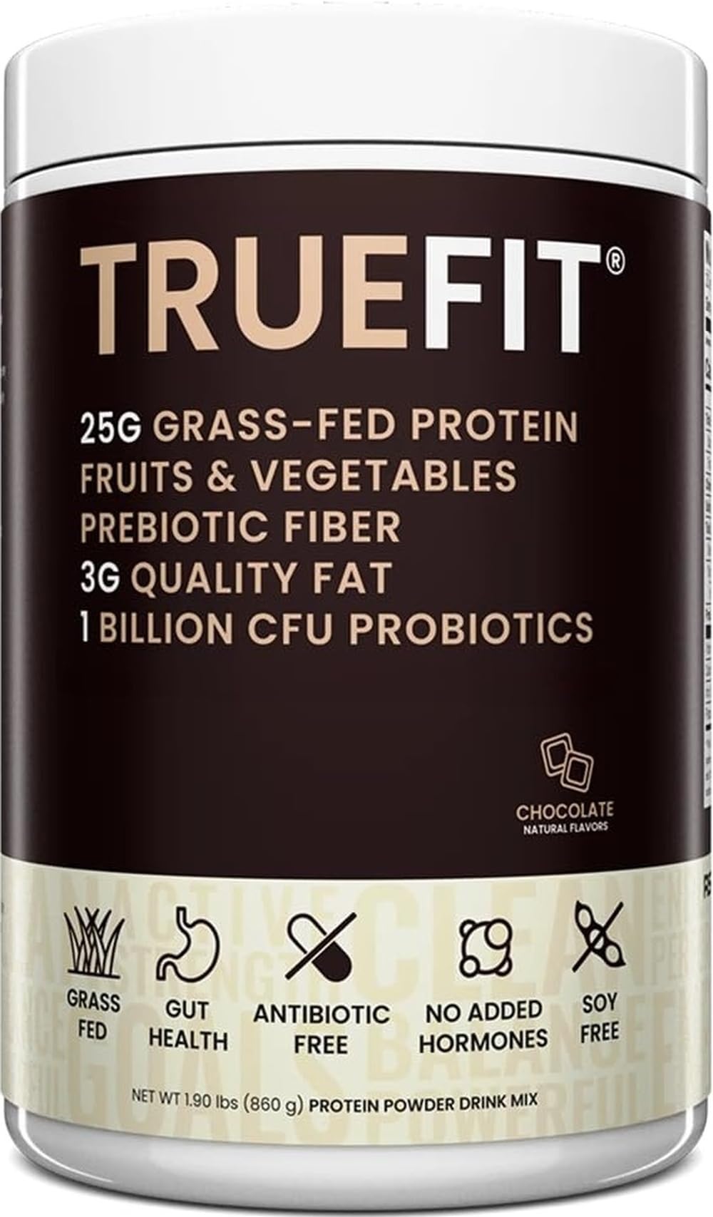 TrueFit Grass-Fed Whey Protein Powder + Fiber & Probiotics, Vanilla Shake - 25g Gut Healthy Protein with Fiber, Probiotics & Non-GMO Superfoods for Complete Meal Replacement Shake with Nothing Fake