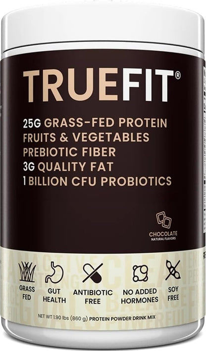 TrueFit Grass-Fed Whey Protein Powder + Fiber & Probiotics, Vanilla Shake - 25g Gut Healthy Protein with Fiber, Probiotics & Non-GMO Superfoods for Complete Meal Replacement Shake with Nothing Fake