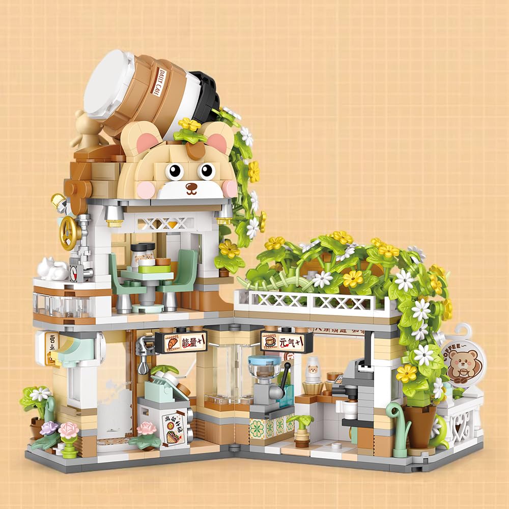 MindBox City Cafe Building Blocks Toys, Openable Coffee Shop Building Set for Boys Girls Age 8+,1077pcs Mini Bricks (Green)