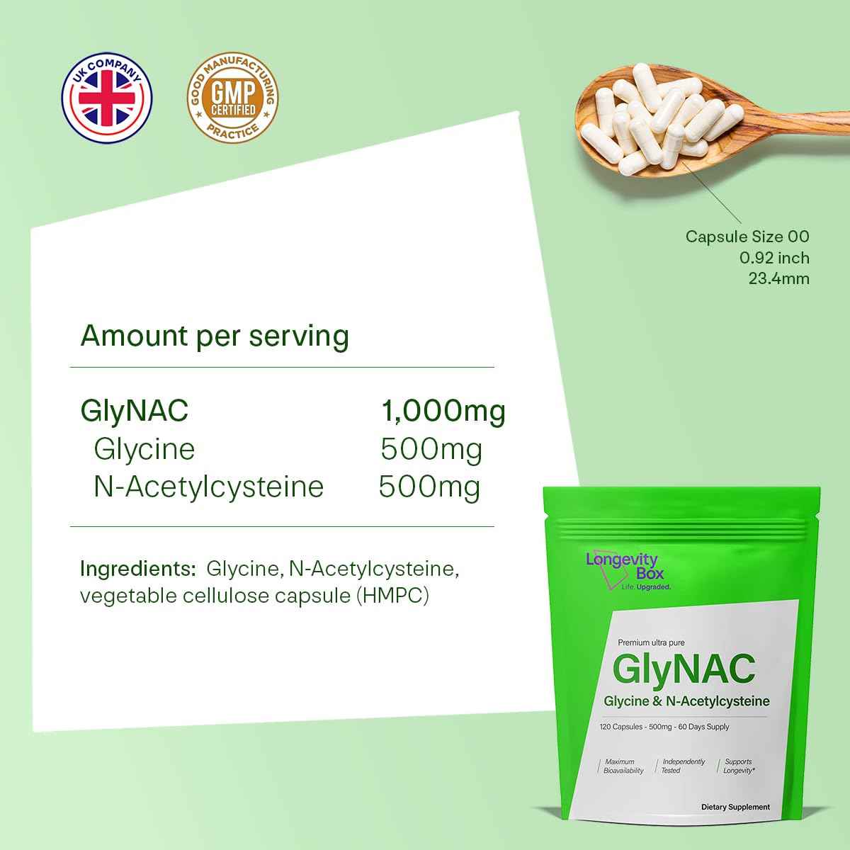 Longevity Box Ultra Pure GlyNAC Supplement 1000mg (500mg Glycine + 500mg N-Acetyl Cysteine) - Glutathione Precursor for Healthy Aging, Energy & Cellular Protection - 120 Vegan Capsules