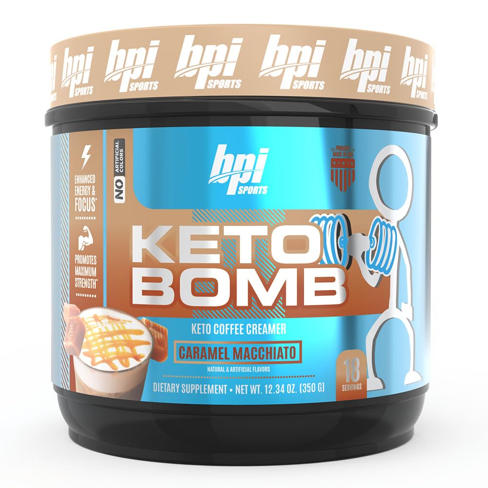 BPI Sports Keto Bomb Coffee Creamer - Supports Energy and Hydration - MCT and Electrolytes - with Calcium - Caramel Macchiato, 18 Servings