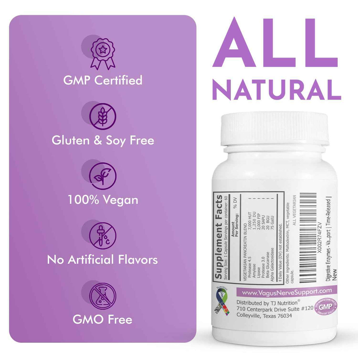 TJ Nutrition Digestive Enzymes for Sensitive Stomachs - Supports Vagus Nerve, Vegetarian Pancreatic Support, Timed Release Formula for Optimal Gut Health, Enhances Food Digestion & Gut Flora