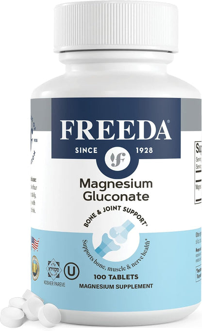 Freeda Magnesium Gluconate Vegan Supplement - 100 Tablets - Gentle and Highly Absorbable Magnesium Gluconate Supplement - Supporting Bone, Nerve & Muscle Function