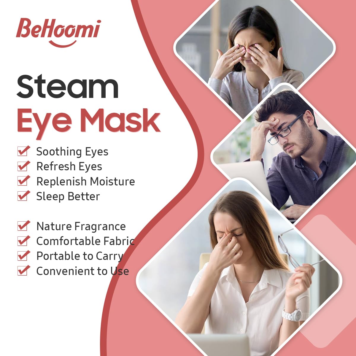 BeHoomi Self Heating Steam Eye Mask – Rose Scented Warm Compress Heated Eye Mask for Sleep, Spa & Relaxation (20 Pack)