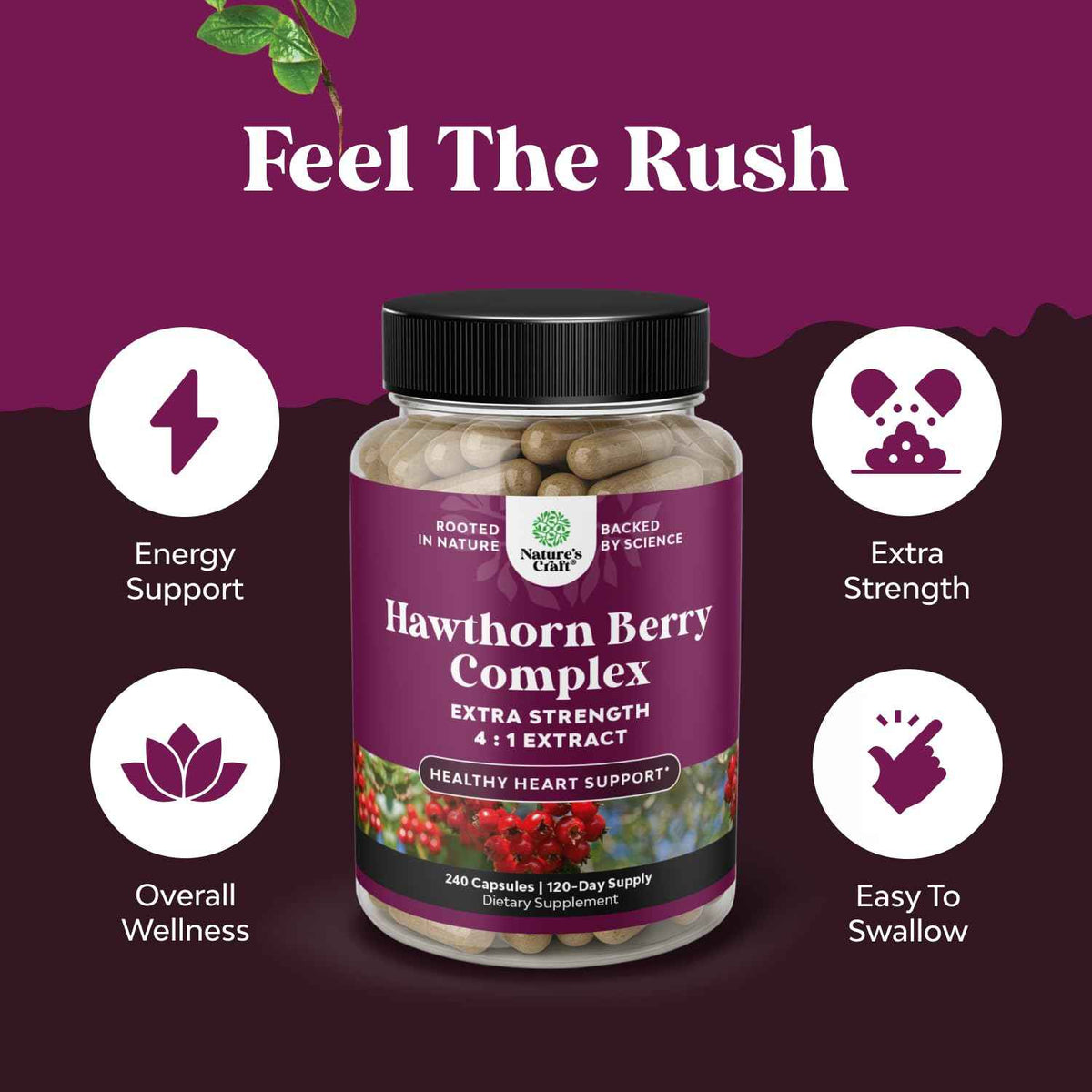 High Strength Hawthorn Berry Capsules - Pure Antioxidant Hawthorn Berry Supplement with Leaf & Flower Extract 4:1 for Healthy Heart & Digestion - Energy Support for Men & Women - 120 Count Pack