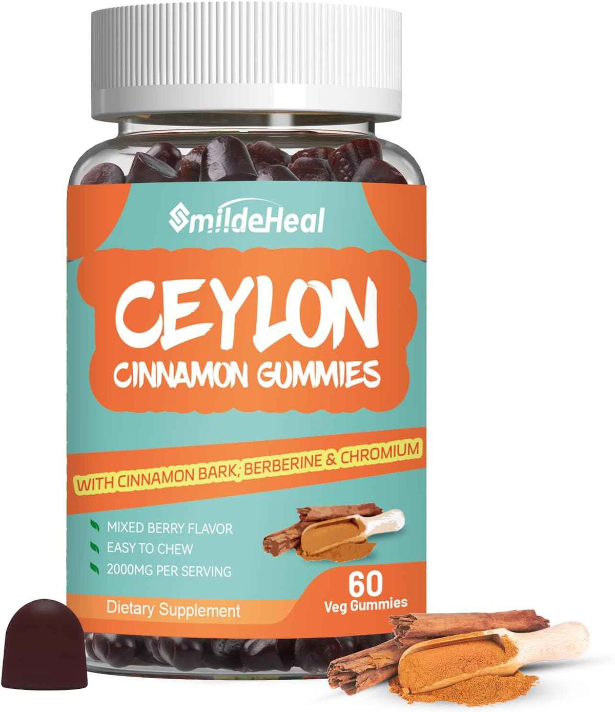 Sugar Free Ceylon Cinnamon Gummies 2000MG, Cinnamon Supplement with Chromium and Cinnamon Bark, Vegan, Non-GMO, Gluten Free, 60 Gummies