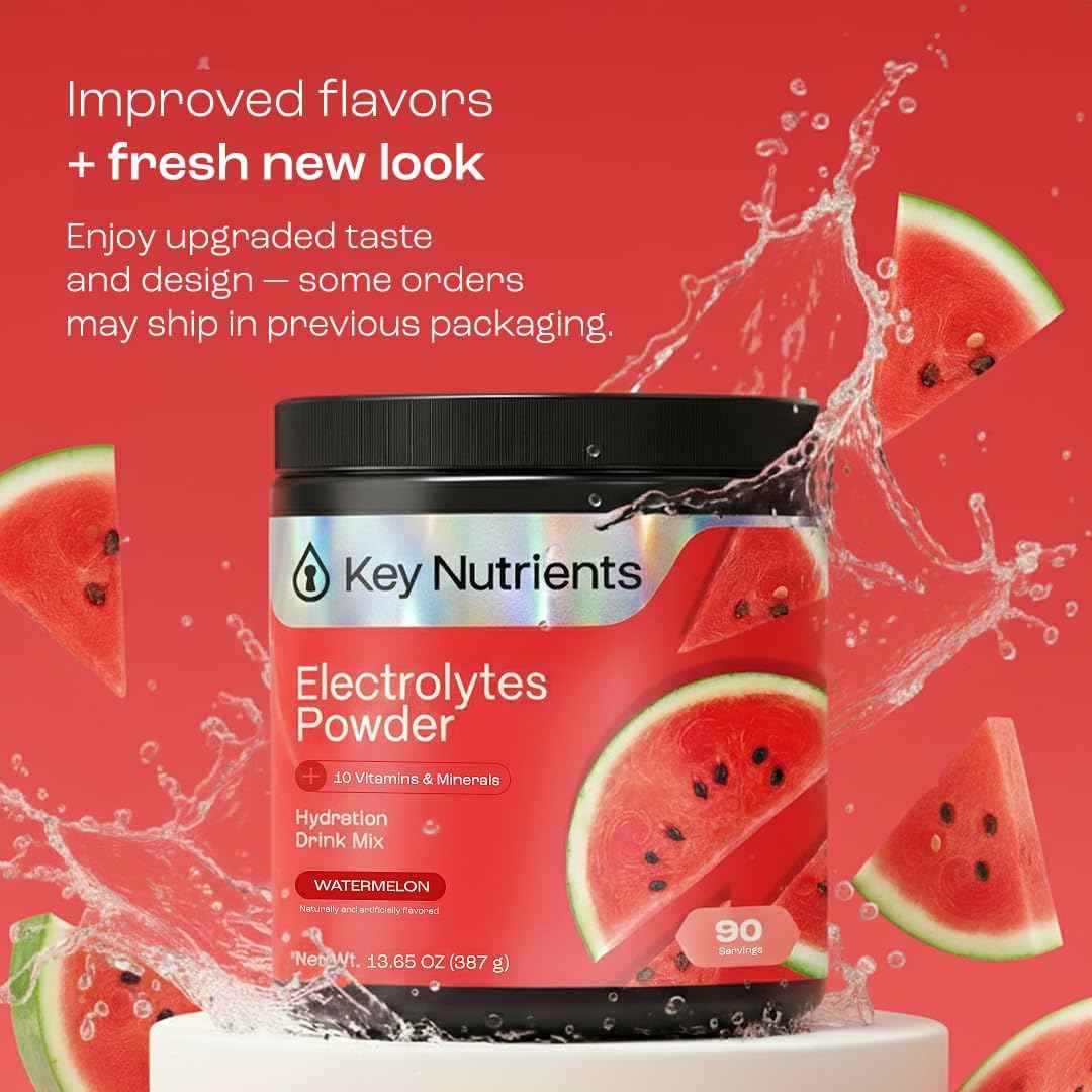 KEY NUTRIENTS Electrolytes Powder Bundle, Watermelon 90 Servings + Electrolyte Powder Packets Variety Pack 10 Count, Sugar Free Hydration Drink Mix with Vitamins & Minerals, No Calories