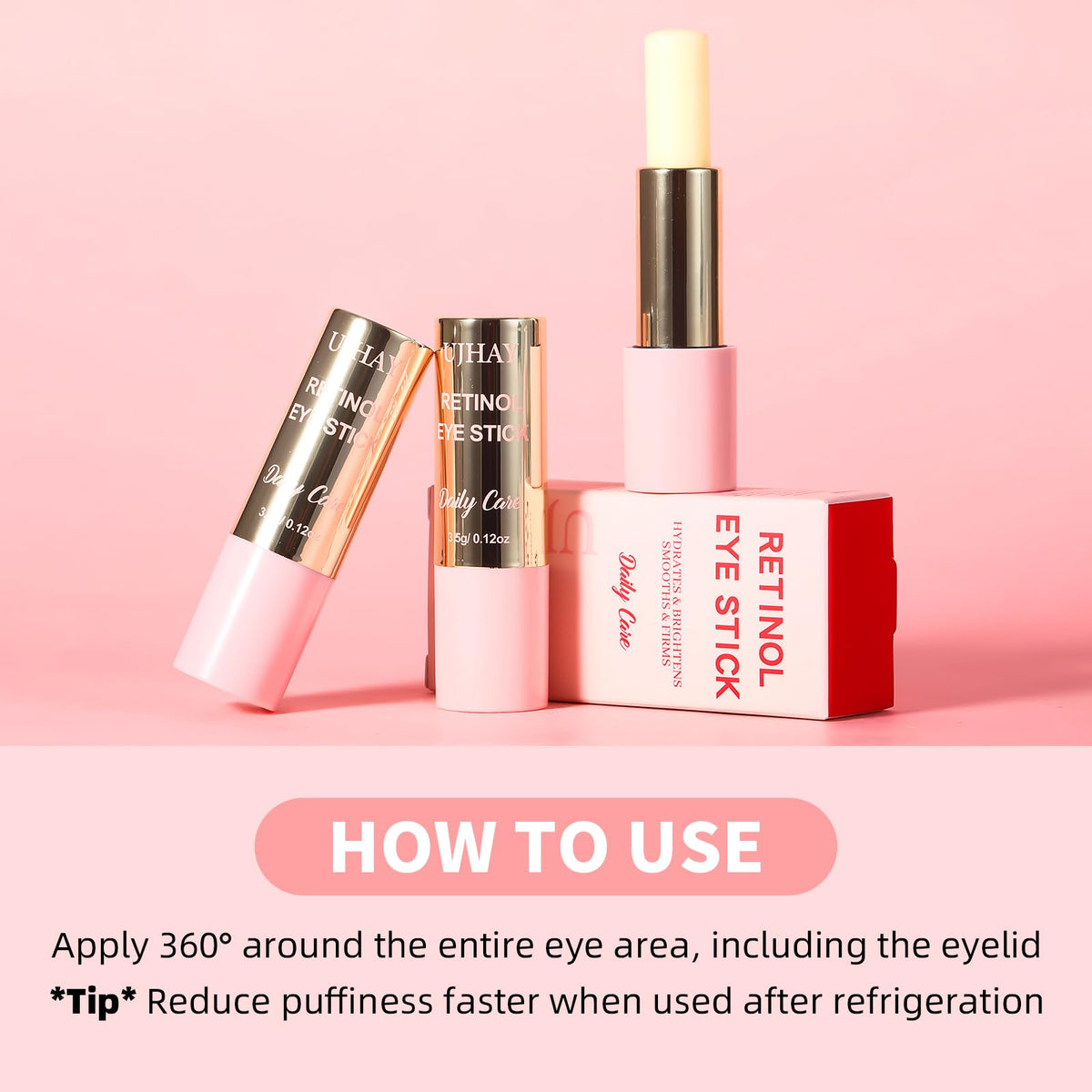 UJhay Retinol Eye Stick - Anti-Aging Eye Balm with Caffeine & Vitamin C for Dark Circles, Puffiness & Wrinkles - Hydrating Under-Eye Stick