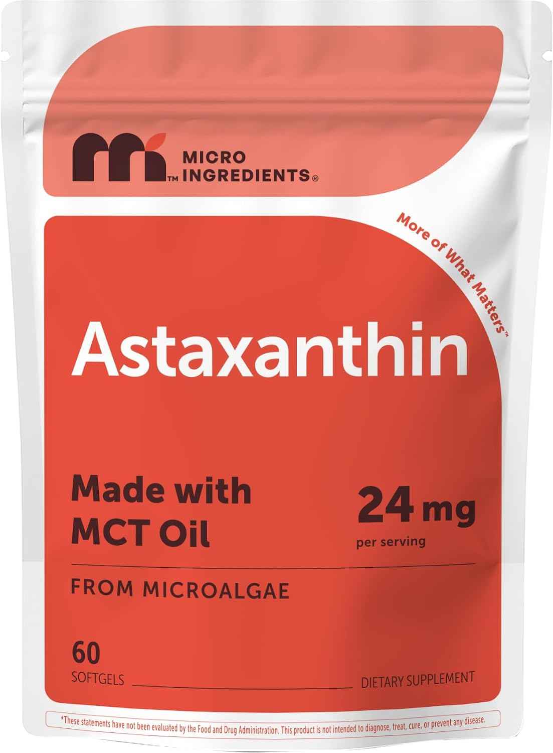 Micro Ingredients Astaxanthin 24mg Per Serving with MCT Oil, 60 Softgels - 2 Month Supply. Natural Microalgae Sourced Astaxanthin Supplement. Easy-to-Swallow. Non-GMO, Gluten Free, Soy Free.