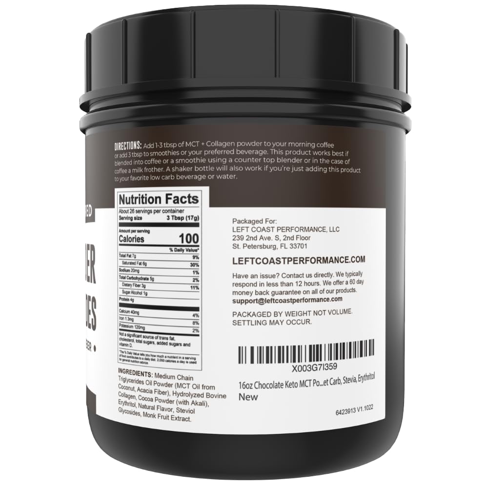 MCT Oil Powder with Acacia Fiber & Collagen Peptides, Chocolate, 16oz