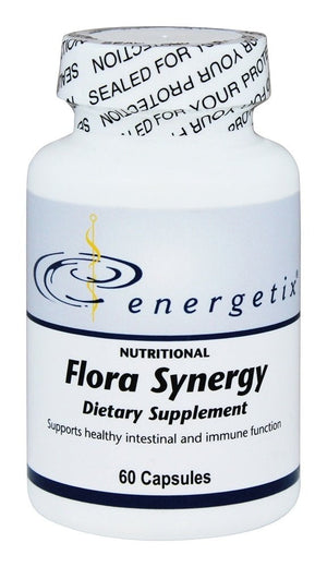 Energetix Flora Synergy dietary supplement bottle on a white background
