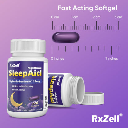 RXZELL Sleep Aid, Diphenhydramine HCl 25mg, 220 Softgels - Fall Asleep Faster, Deeper Restful Sleeping, Non Habit-Forming
