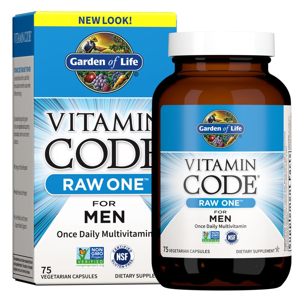 Garden of Life Vitamin Code RAW ONE for Men Once Daily Whole Food Multivitamin with Probiotics for Heart Health and Prostate Health, Non-GMO, 75 Capsules