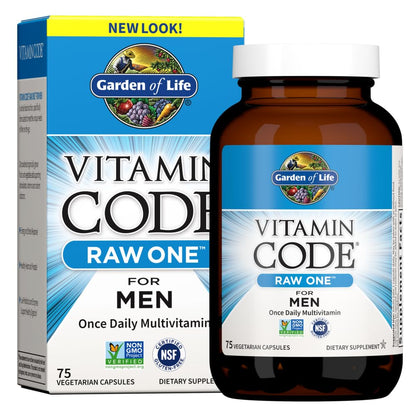 Garden of Life Vitamin Code RAW ONE for Men Once Daily Whole Food Multivitamin with Probiotics for Heart Health and Prostate Health, Non-GMO, 75 Capsules