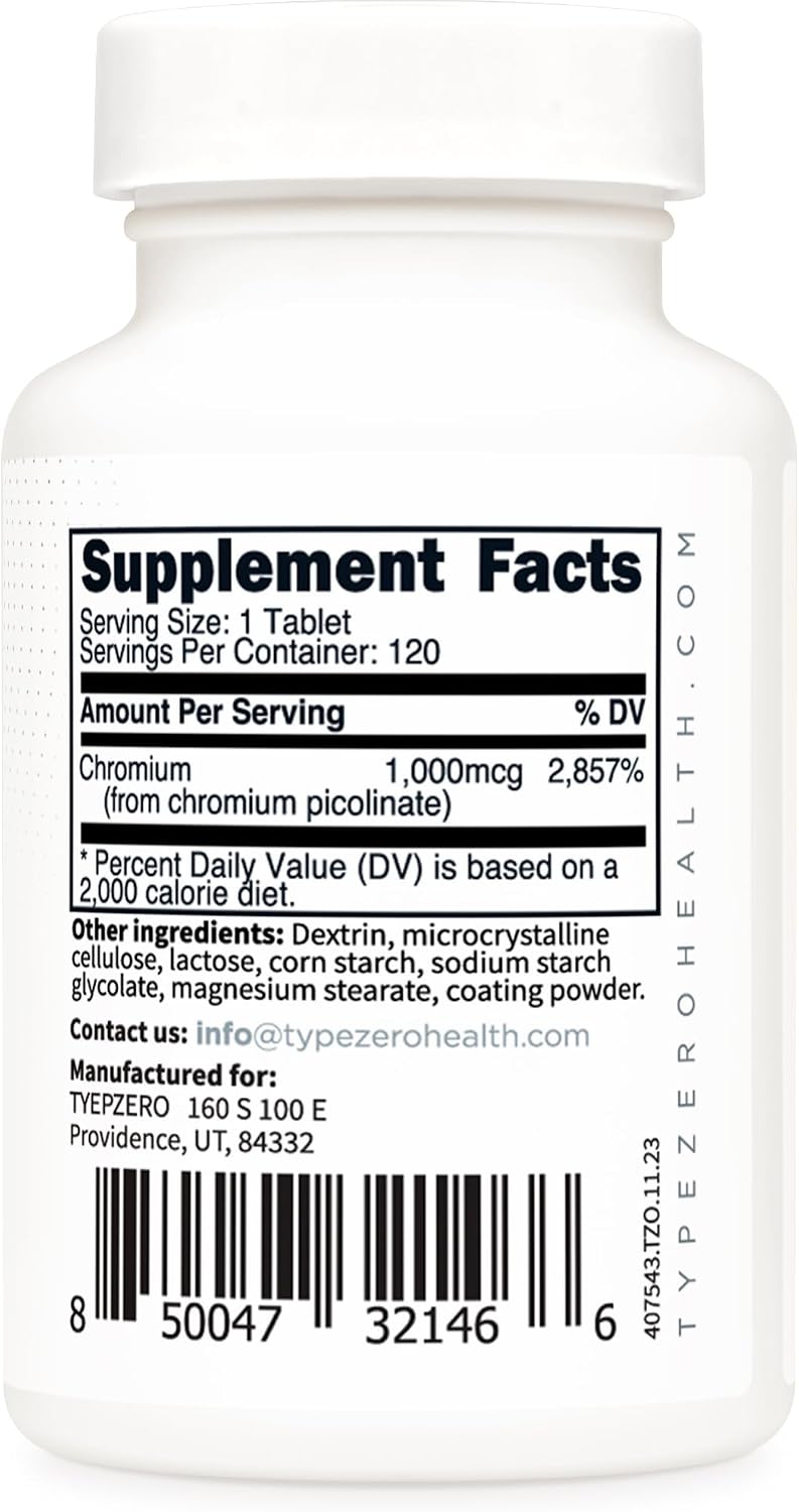 Type Zero Clean Chromium Picolinate (1000mcg) 120 Tablets, Gluten-Free - GMO-Free