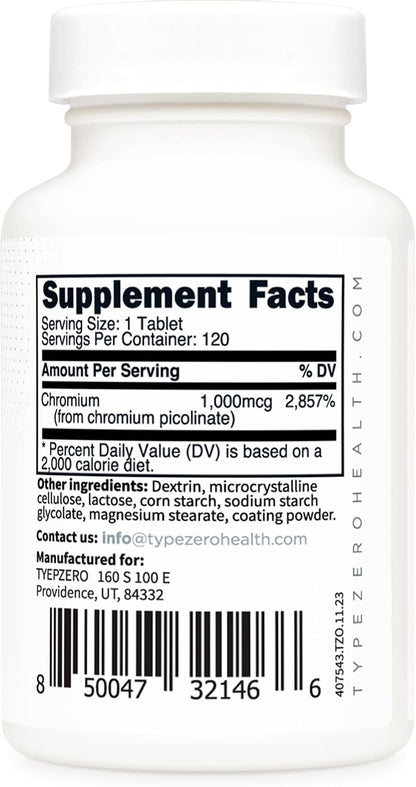 Type Zero Clean Chromium Picolinate (1000mcg) 120 Tablets, Gluten-Free - GMO-Free
