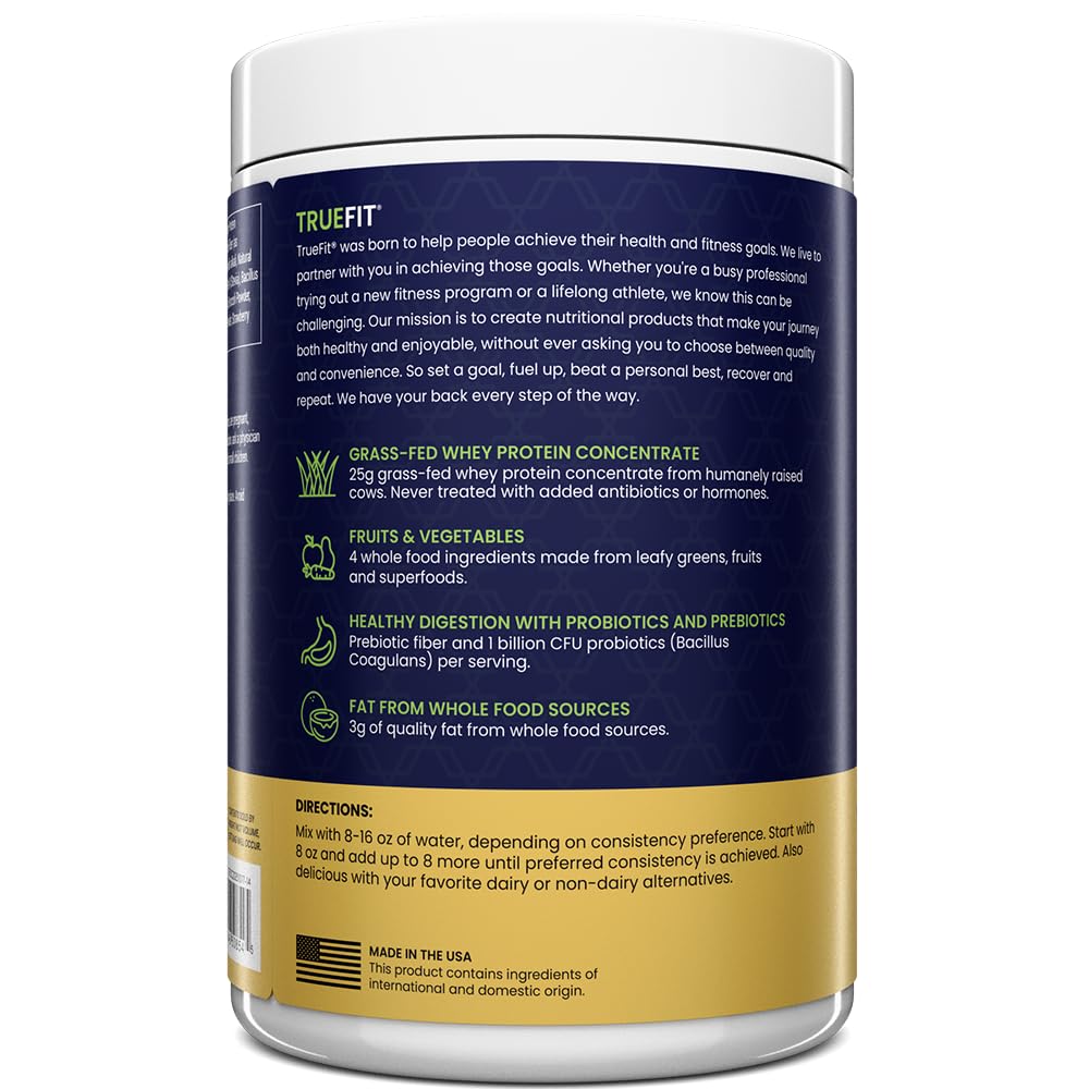 TrueFit Grass-Fed Whey Protein Powder + Fiber & Probiotics, Vanilla Shake - 25g Gut Healthy Protein with Fiber, Probiotics & Non-GMO Superfoods for Complete Meal Replacement Shake with Nothing Fake