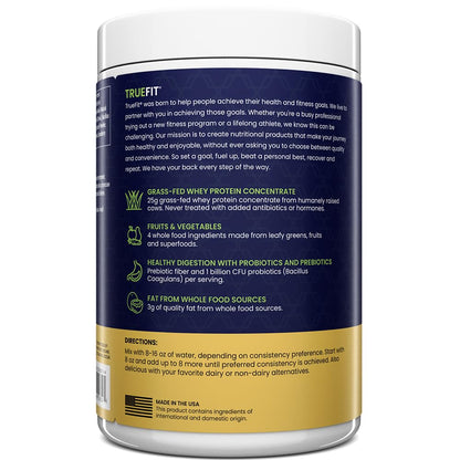TrueFit Grass-Fed Whey Protein Powder + Fiber & Probiotics, Vanilla Shake - 25g Gut Healthy Protein with Fiber, Probiotics & Non-GMO Superfoods for Complete Meal Replacement Shake with Nothing Fake