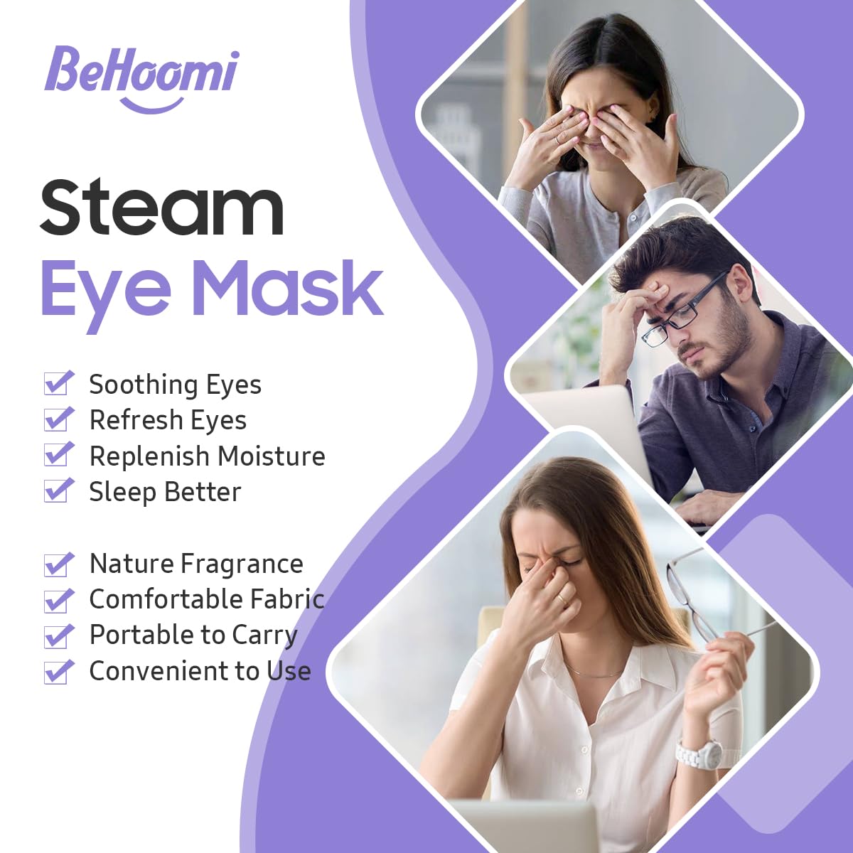 BeHoomi Self Heating Steam Eye Mask – Lavender Scented Warm Compress Heated Eye Mask for Sleep, Spa & Relaxation (20 Pack)