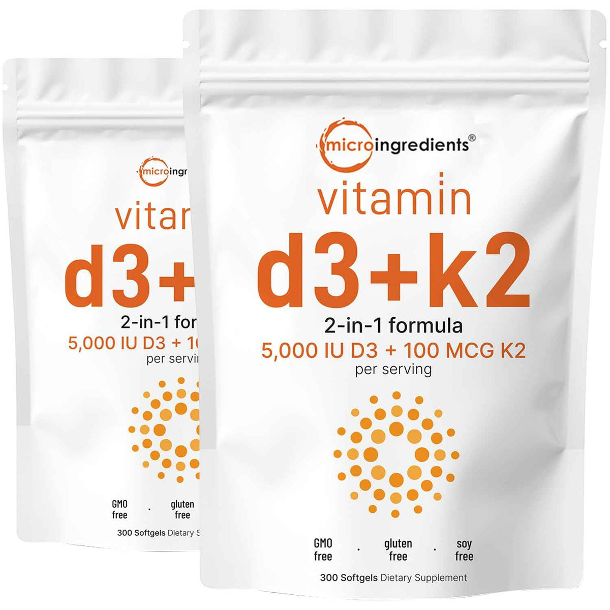 Micro Ingredients Vitamin D3 + K2 MK-7 5,000 IU Per Serving, 300 Softgels - K2 100 mcg Per Serving, D3 & K2 Vitamin Supplement for Women & Men. Easy-to-Swallow, Non-GMO, Gluten Free.