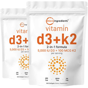 Micro Ingredients Vitamin D3 + K2 MK-7 5,000 IU Per Serving, 300 Softgels - K2 100 mcg Per Serving, D3 & K2 Vitamin Supplement for Women & Men. Easy-to-Swallow, Non-GMO, Gluten Free.