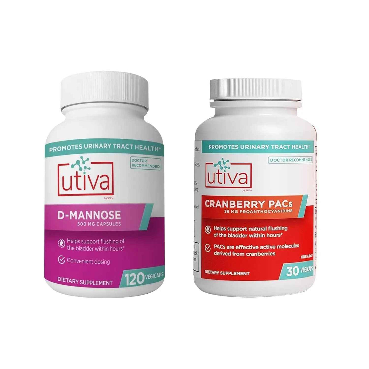 20% Bundle Utiva Cranberry PACs 30 Vegi Capsules Cranberry Supplement for Urinary Tract Health for Women and Men + Utiva D-Mannose 500mg 120 Capsules Naturally Flush The Bladder and Urinary Tract