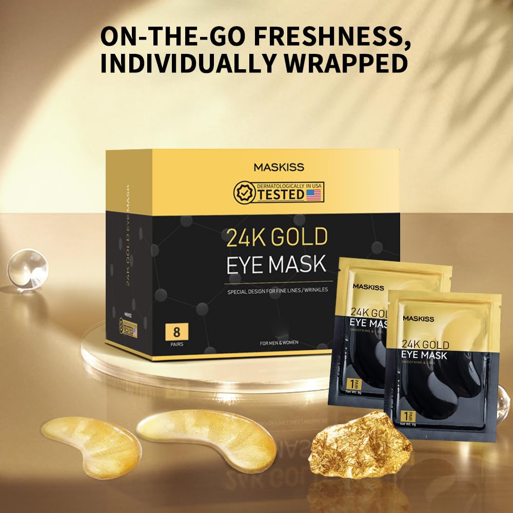 Maskiss 24k Gold Under Eye Patches (8 Pairs) - Mini Sampler Pack Collagen & Gold Eye Mask for Dark Circles & Puffiness