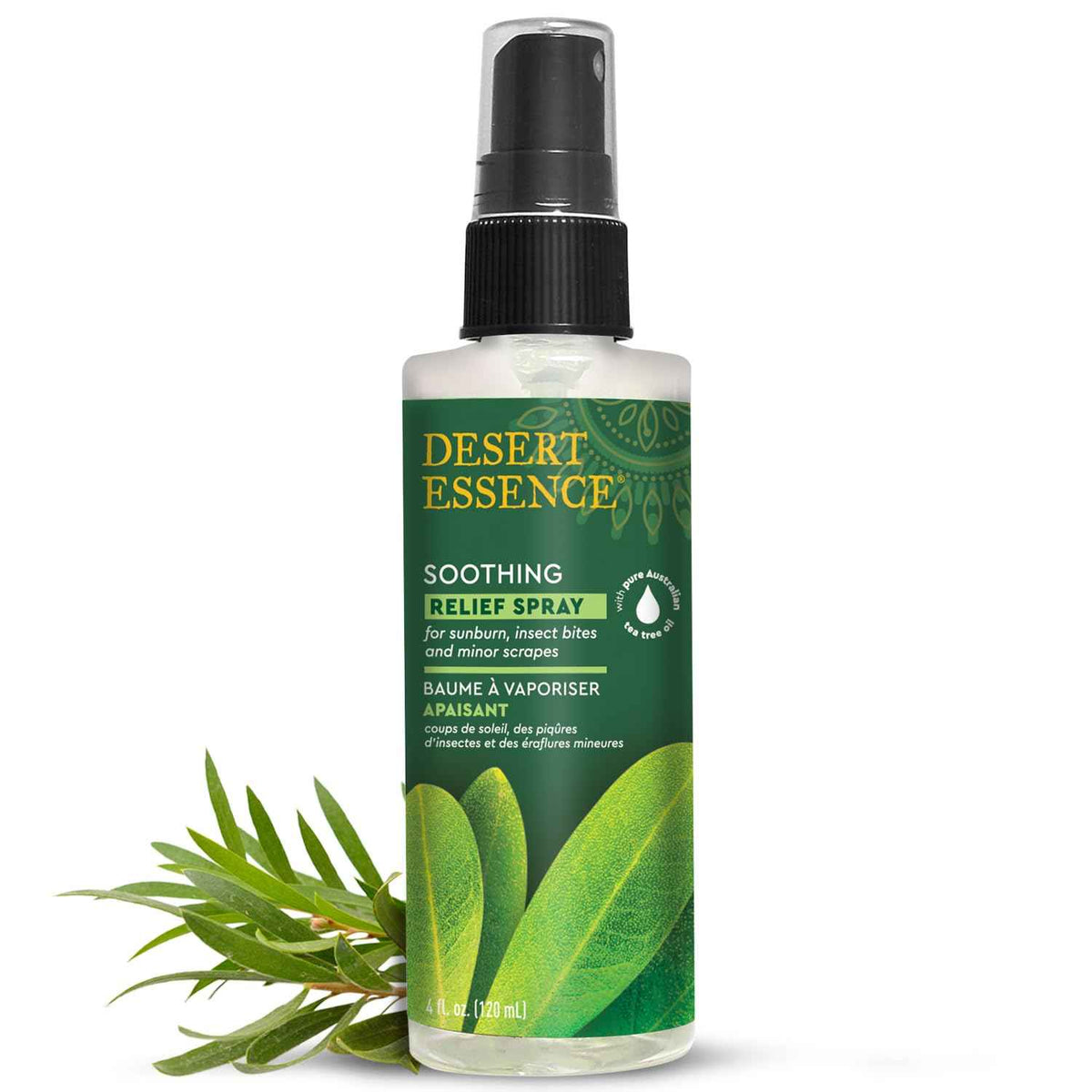 Desert Essence Relief Spray - 4 Fl Oz - Antiseptic Eco-Harvest Tea Tree Oil & Other Essential Oils - Natural First Aid - Minor Burns - Sunburn - Insect Bites - Scrapes - May Comfort Aching Feet