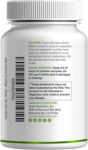 Vitamin E Supplements, 1,000 IU Per Serving, 240 Softgels - Extra Strength Antioxidant Protection - Bioavailable Stable Form - Skin, Heart, Brain, & Immune Support - Non-GMO