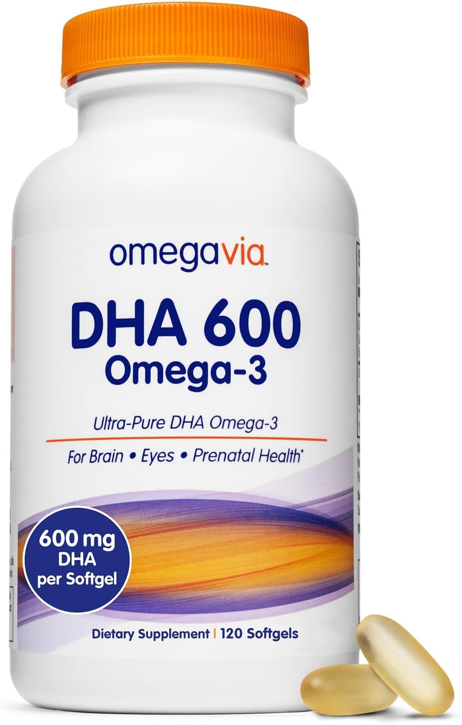 OmegaVia DHA 600 mg, Ultra Pure Omega-3 DHA Supplements for Brain and Eyes, DHA Prenatal Vitamins for Women, Burpless Fish Oil Omega 3, IFOS Tested, 120 Softgels