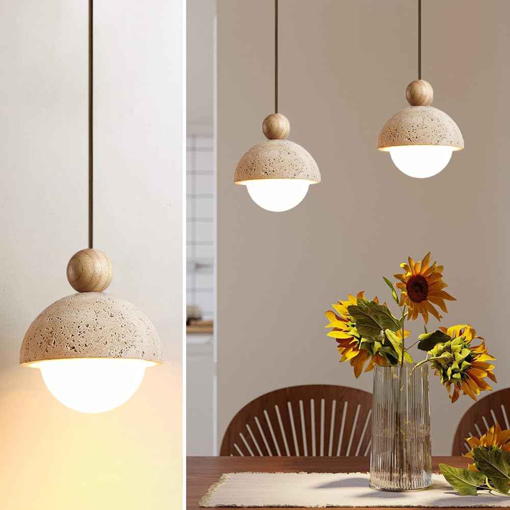 Spherical Wabi Sabi Pendant Light Natural Stone Retro Japanese Style Yellow Travertine Pendant Lighting Vintage Mini Wood Nordic Hanging Light for Kitchen Island Dining Room Bedroom Hallway Bedside