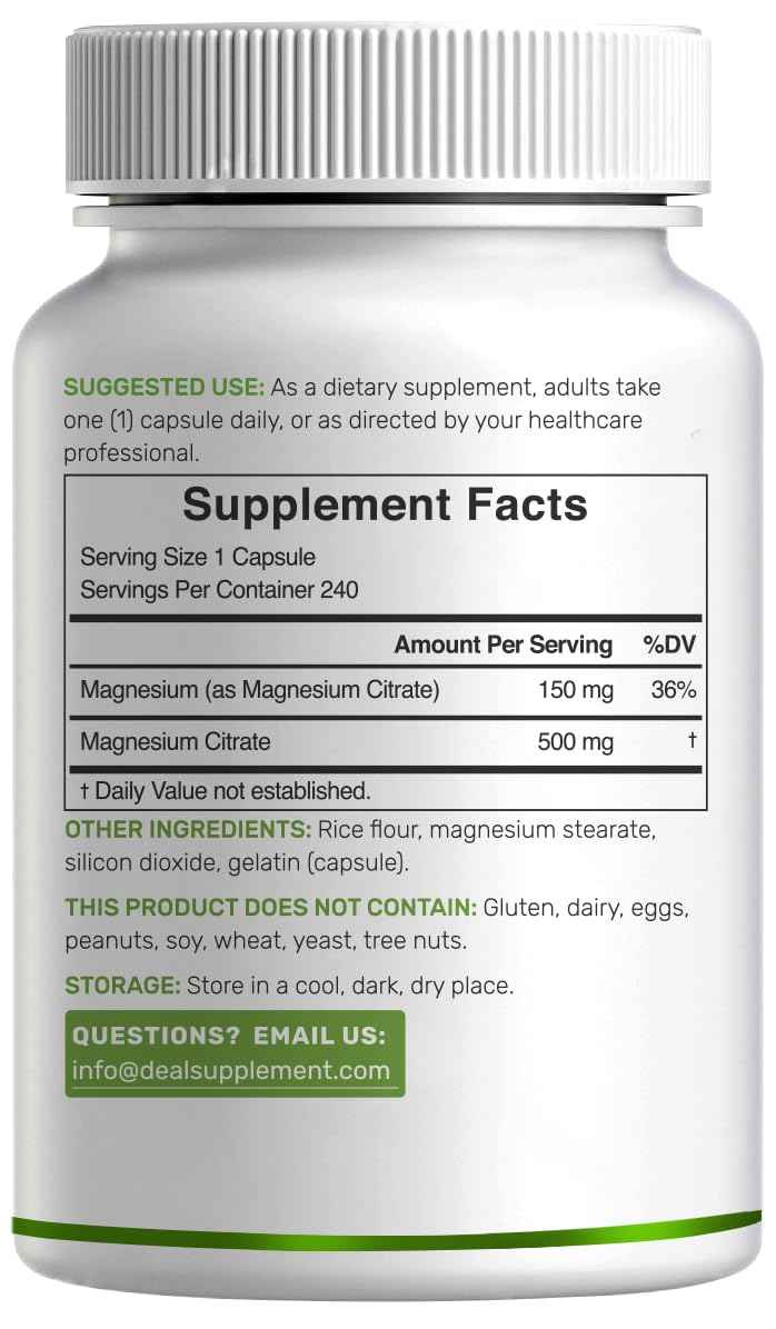 Deal Supplement Magnesium Citrate 500mg, 240 Capsules - One a Day, Easily Absorbed, Purified Trace Mineral - Non-GMO