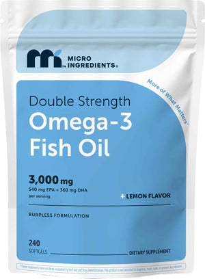 Micro Ingredients Omega 3 Fish Oil Supplements 3,000mg Per Serving, 240 Softgels - Lemon Flavored - Burpless - EPA 540mg + DHA 360mg - Deep Sea Fish