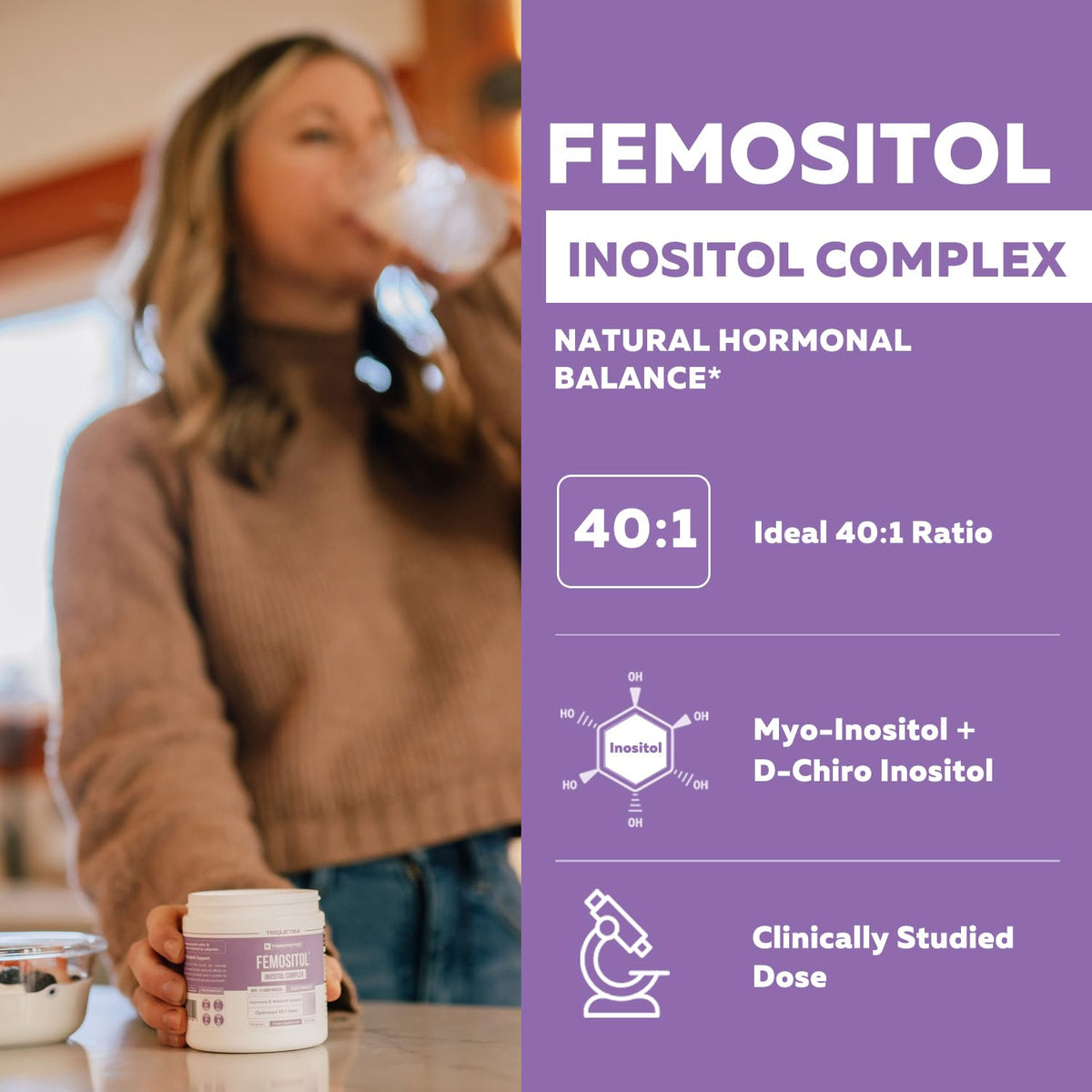 Femositol Myo-Inositol & D-Chiro Inositol Complex Supplement - Clinically Validated 40:1 Ratio (Vitamin B8) - Hormonal Balance & Healthy Ovarian Function Support (90 Capsules - 30 Servings)