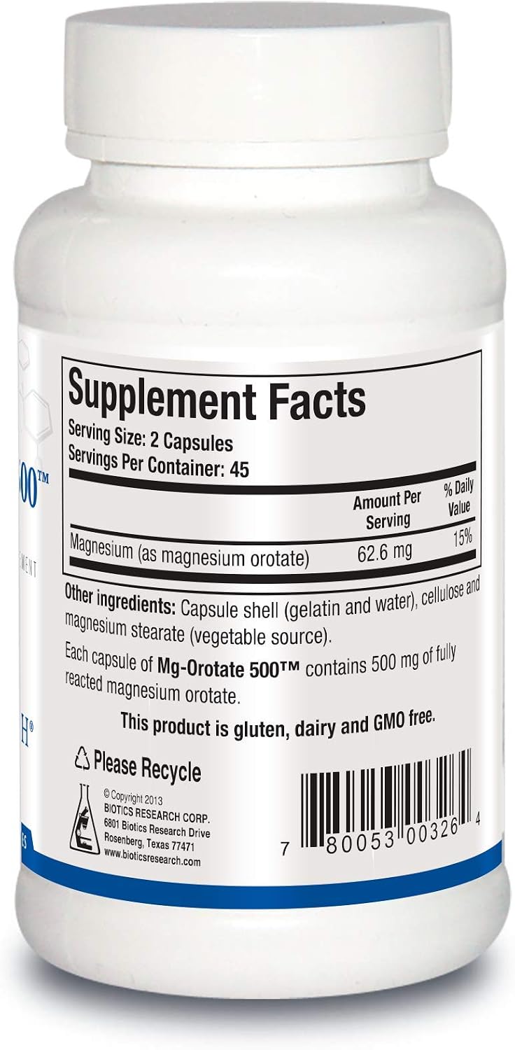 Biotics Research Mg Orotate 500mg Magnesium Orotate - 2 Capsules per Serving (1000mg) - Cardiovascular Support Heart Health, Overall Relaxation, Improves Sleep and Muscle Relaxation - 90 Caps