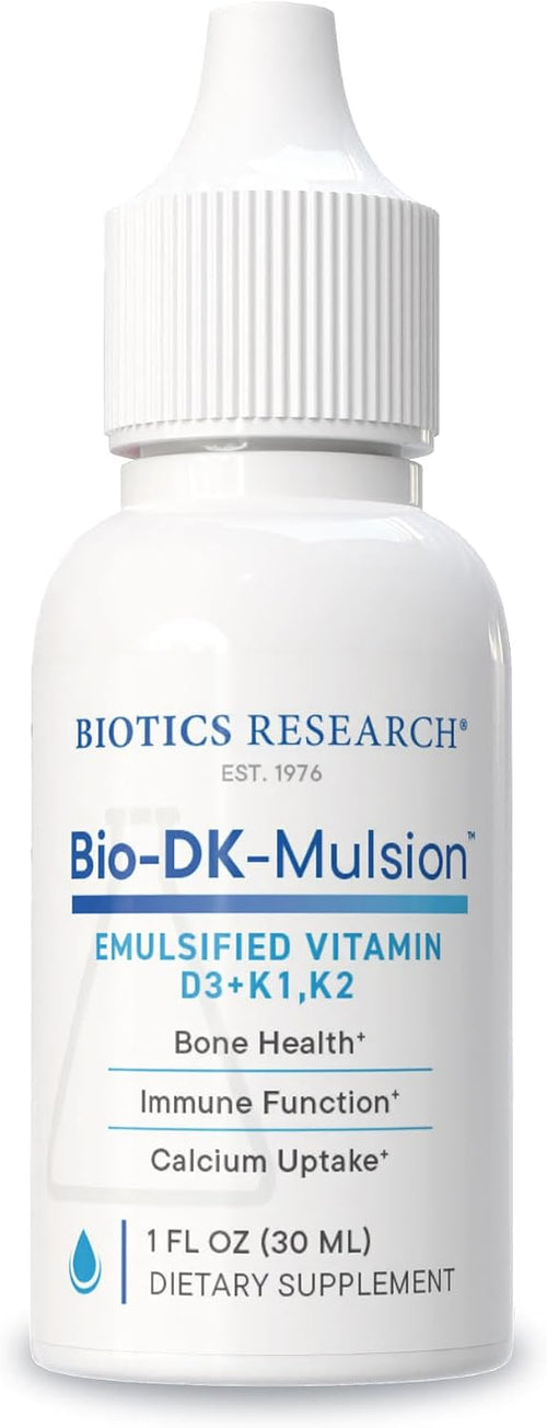 BIOTICS RESEARCH Bio-DK-Mulsion–Emulsified Liquid Vitamin D and K, D3 Drops 125 mcg & Vitamin K (K1, K2) 300 mcg MK-7–Supports Stronger Bones, Musculoskeletal Strength, Healthy Heart & BMI 1 fl oz