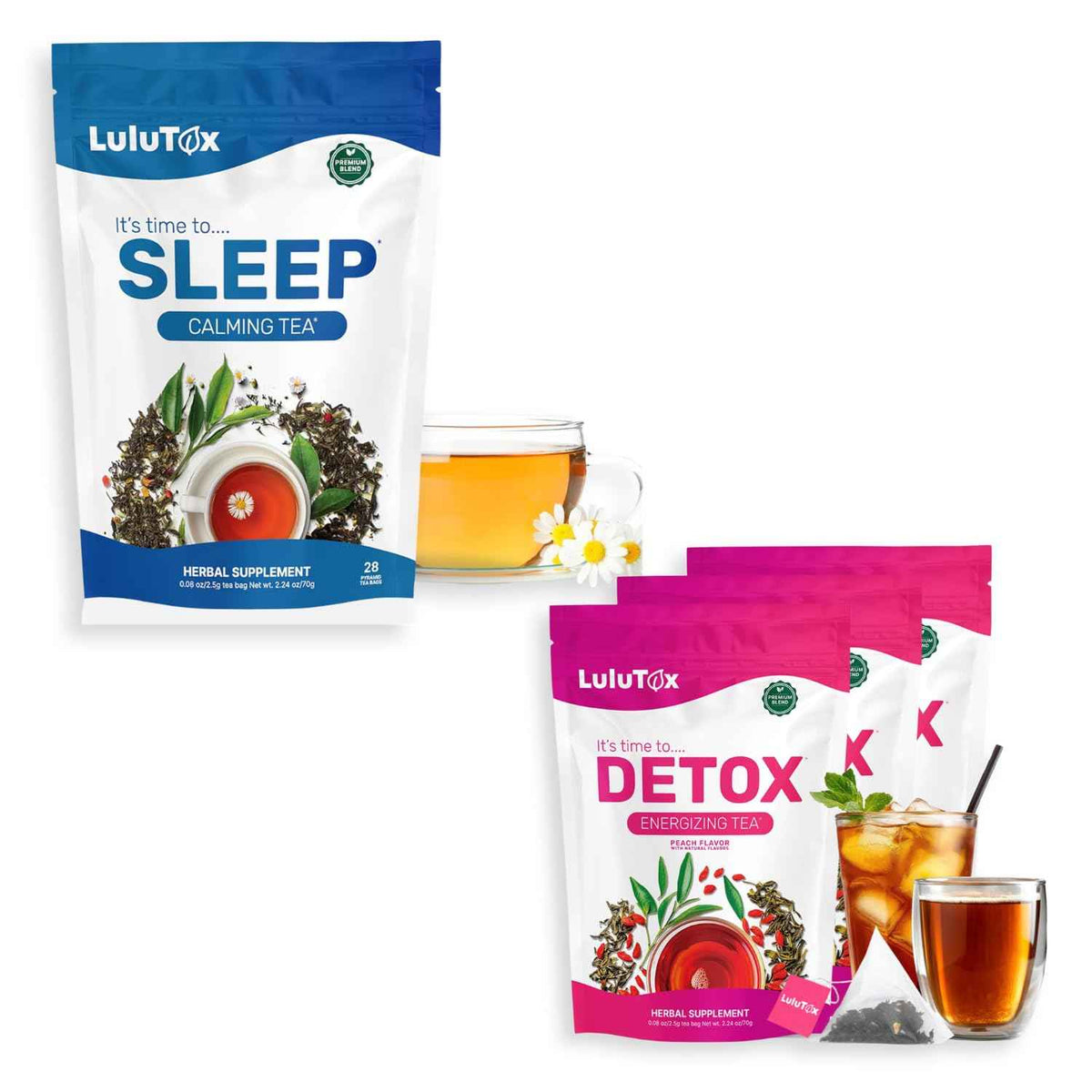 Lulutox Herbal Tea Bundle - Chamomile Lavender Herbal Tea (28 Tea Bags) & Peach Herbal Tea (84 Servings) - Caffeine-Free Herbal Tea Variety Pack