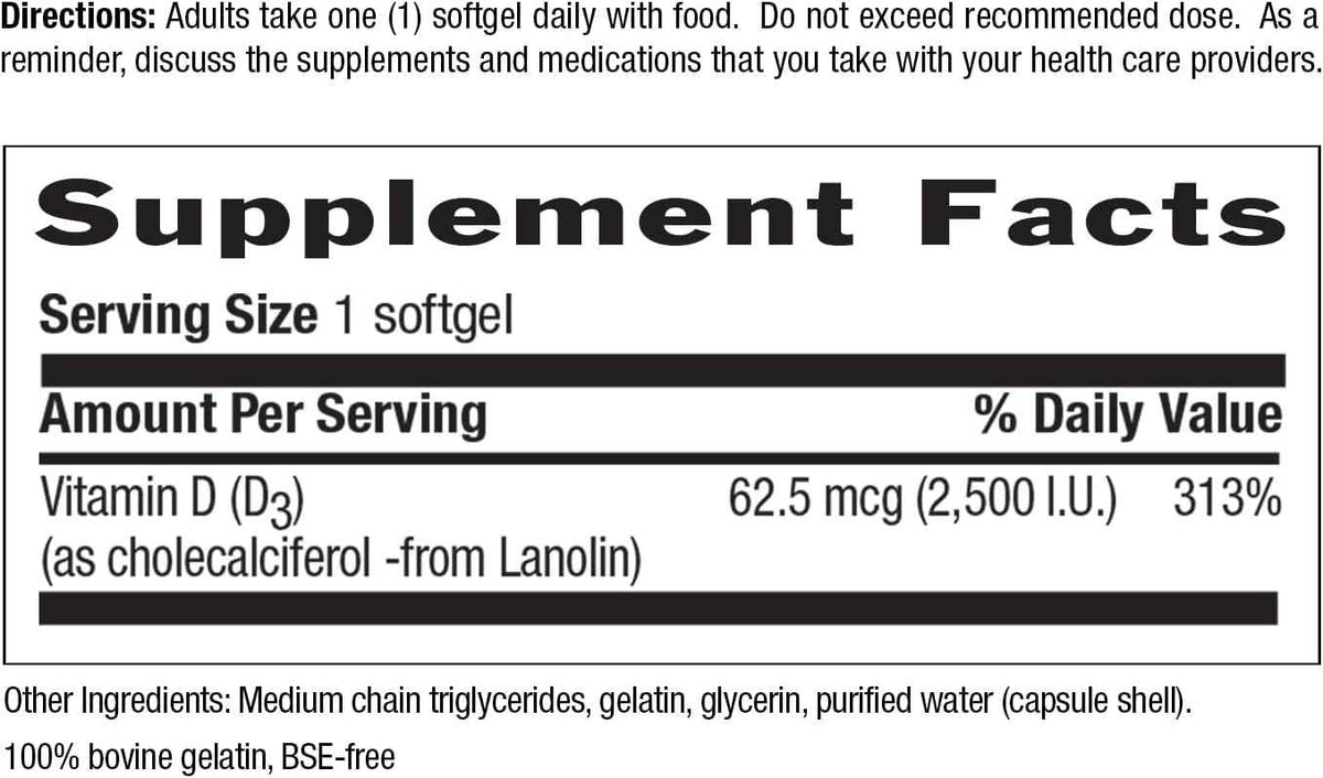 Country Life Vitamin D3 2500 IU, Non-Fish Source, 200 Softgels