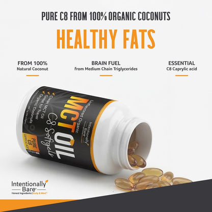 Intentionally Bare Organic MCT Oil Capsules –99.2% Pure C8 Soft gels-300 ct