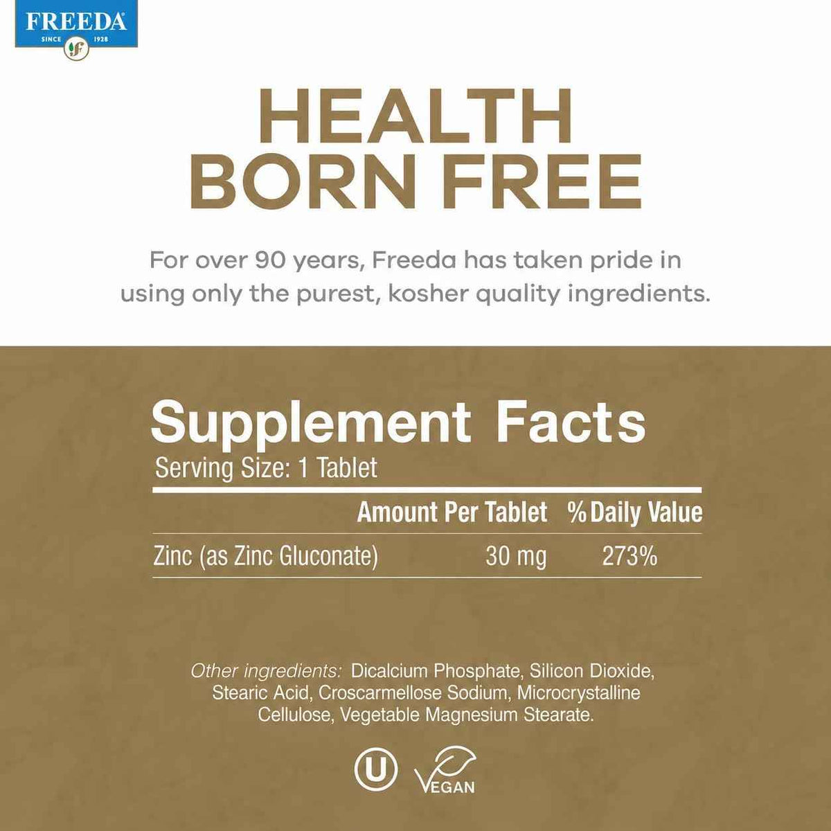FREEDA Elemental Zinc 30mg - Vegan Immune, Skin & Eye Support - 100 Tabs - Tiny Easy-to-Swallow Tablets Made with Zinc Gluconate - Gluten-Free, Kosher, and Made in USA GMP-Compliant Facilities
